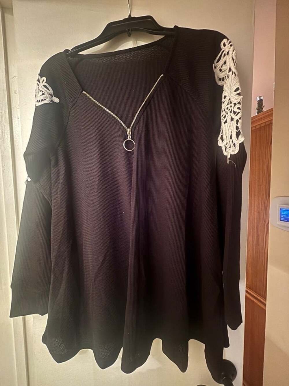 Black Waffle Knit Long Sleeve Top with White Crochet Lace Shoulder Detail